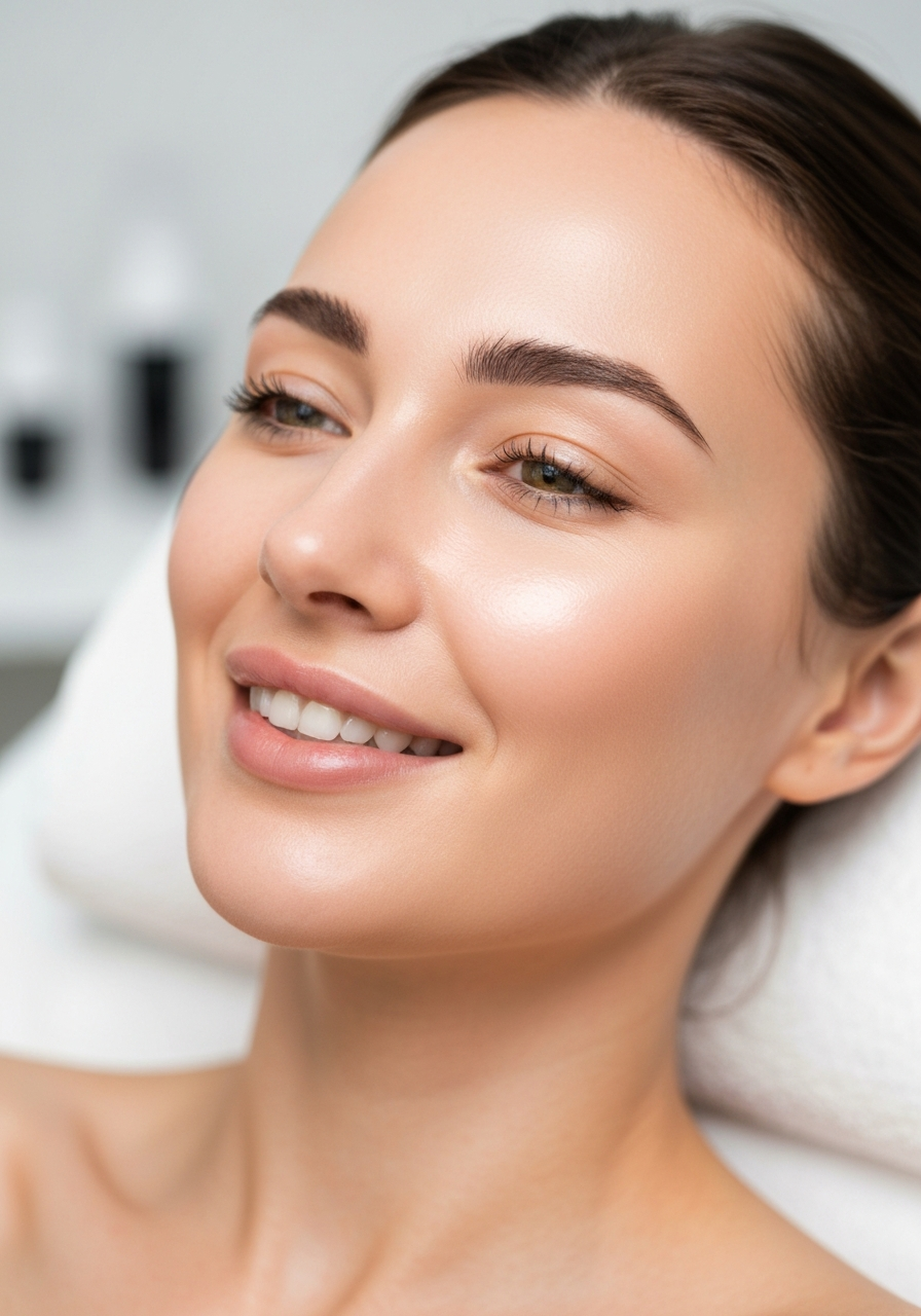 Close up of beautiful woman with glowing skin after treatment