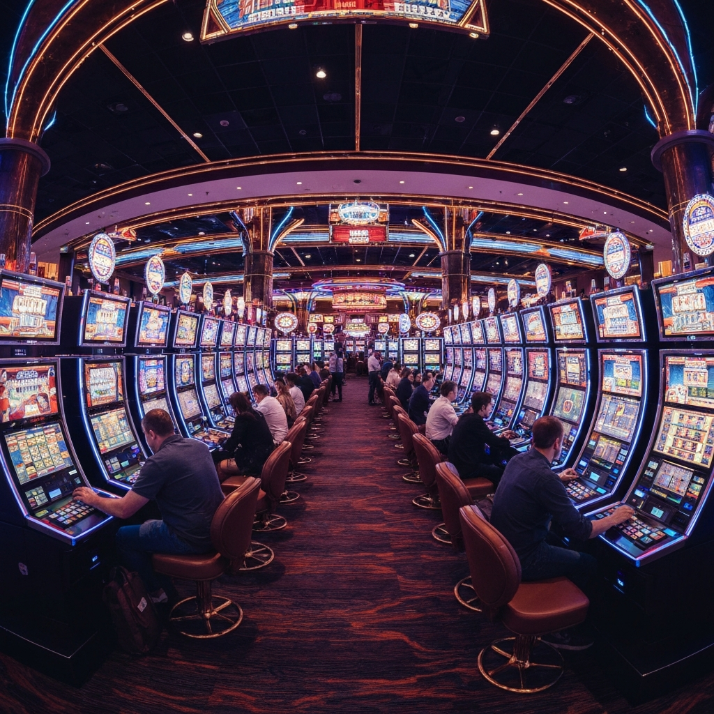 Wide angle view of a busy premium casino floor with players at slot machines