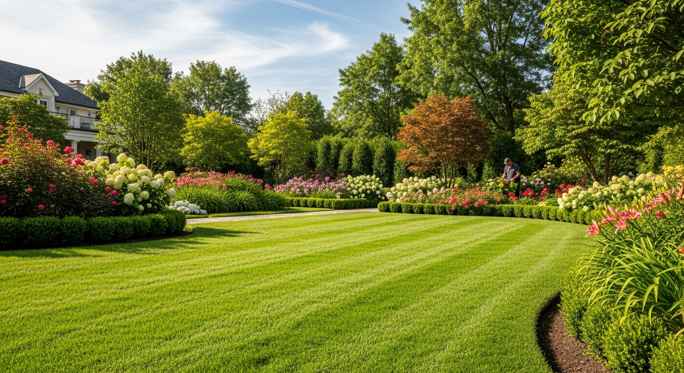 Beautiful manicured lawn and garden by In and Out Landscaping