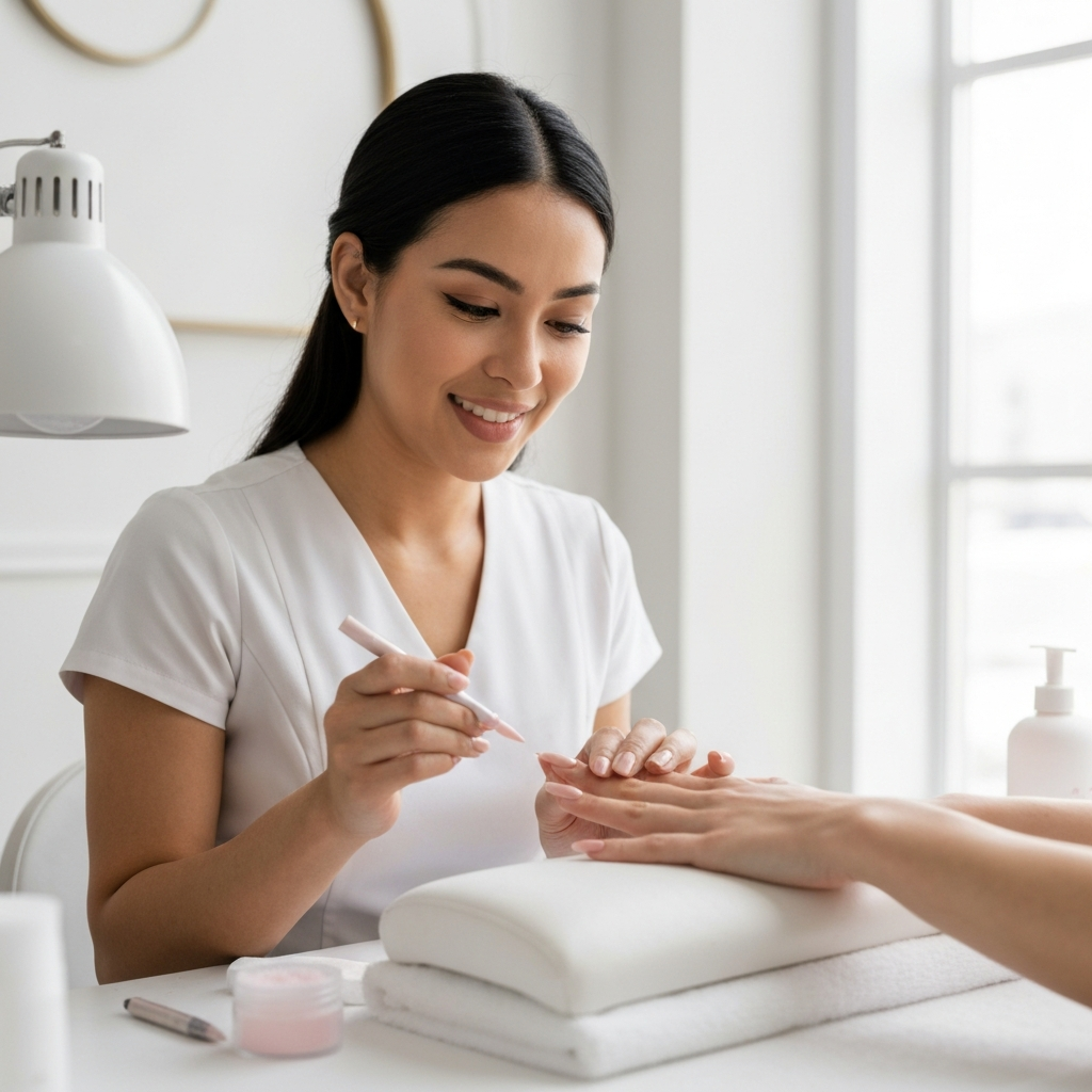 Dipping powder nail application process at Tips To Toes Bethesda