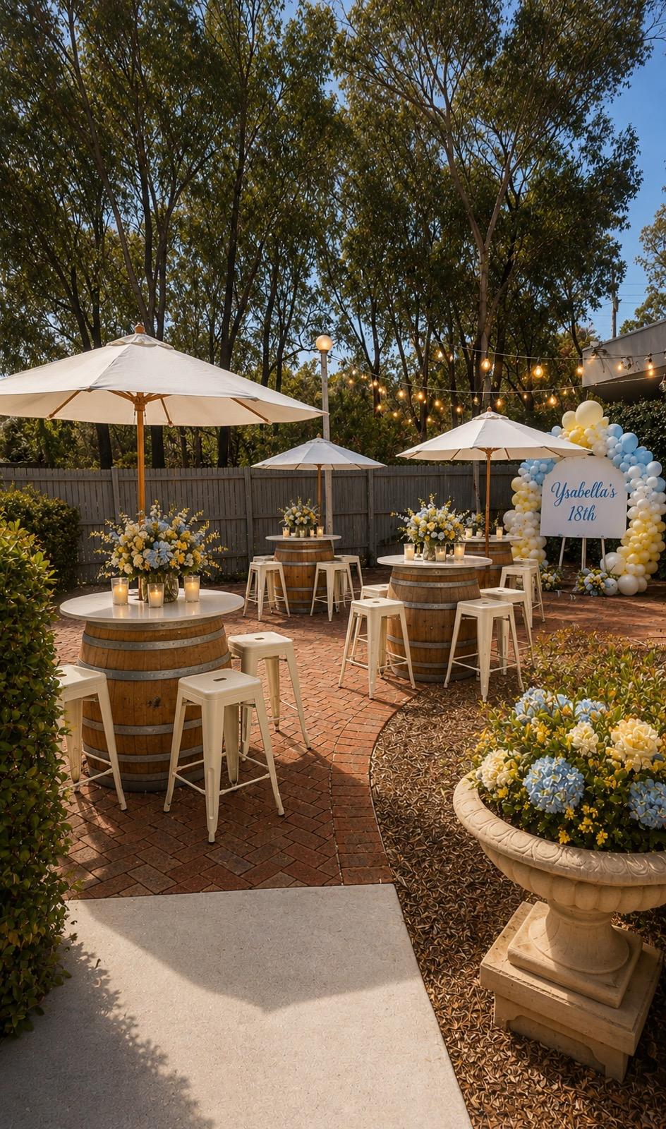 Outdoor venue setup with barrels and umbrellas