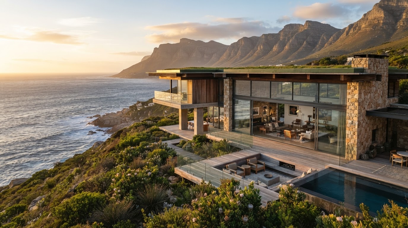 A contemporary South African coastal home overlooking the Western Cape Atlantic coastline at golden hour.