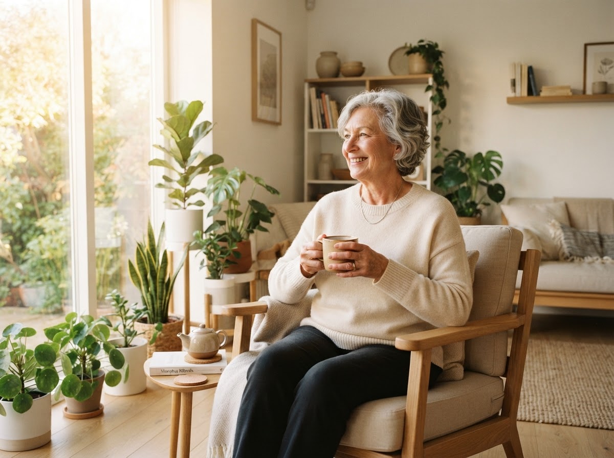 A relaxed senior woman enjoying a cup of tea in a bright, easy-to-manage living room filled with light and plants.