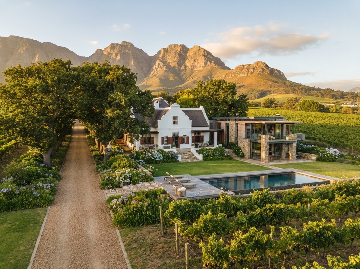 Cape Winelands residential lifestyle in Stellenbosch with vineyards and oak-lined estates.