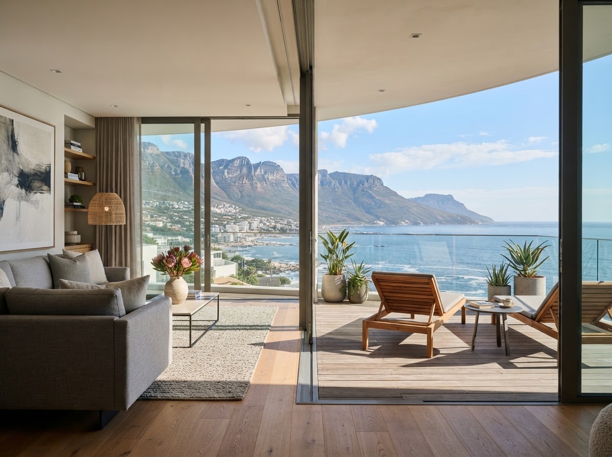 Contemporary coastal apartment living in Cape Town with Table Mountain in the background.