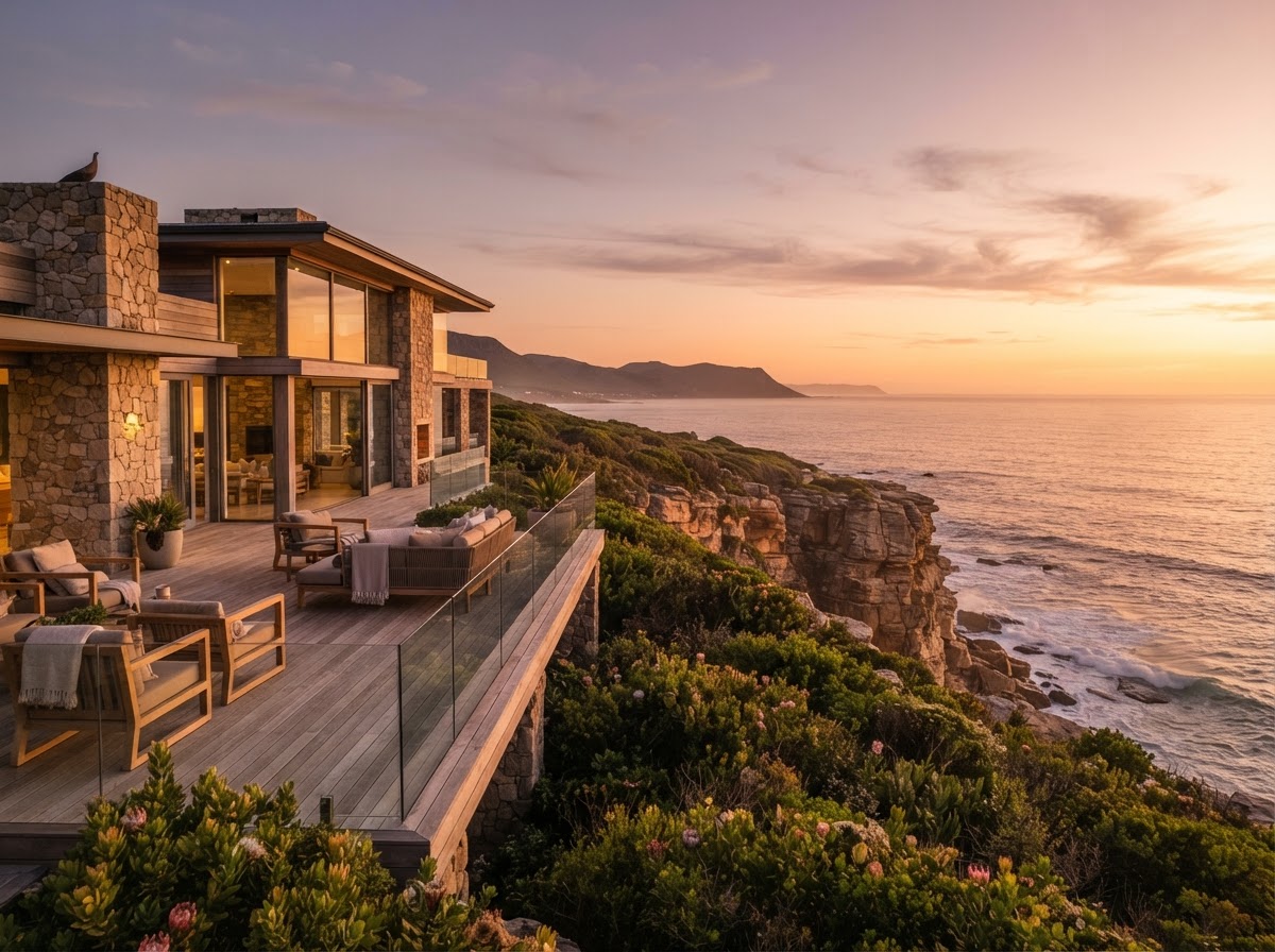 Relaxed clifftop coastal living in Hermanus overlooking the Western Cape ocean.