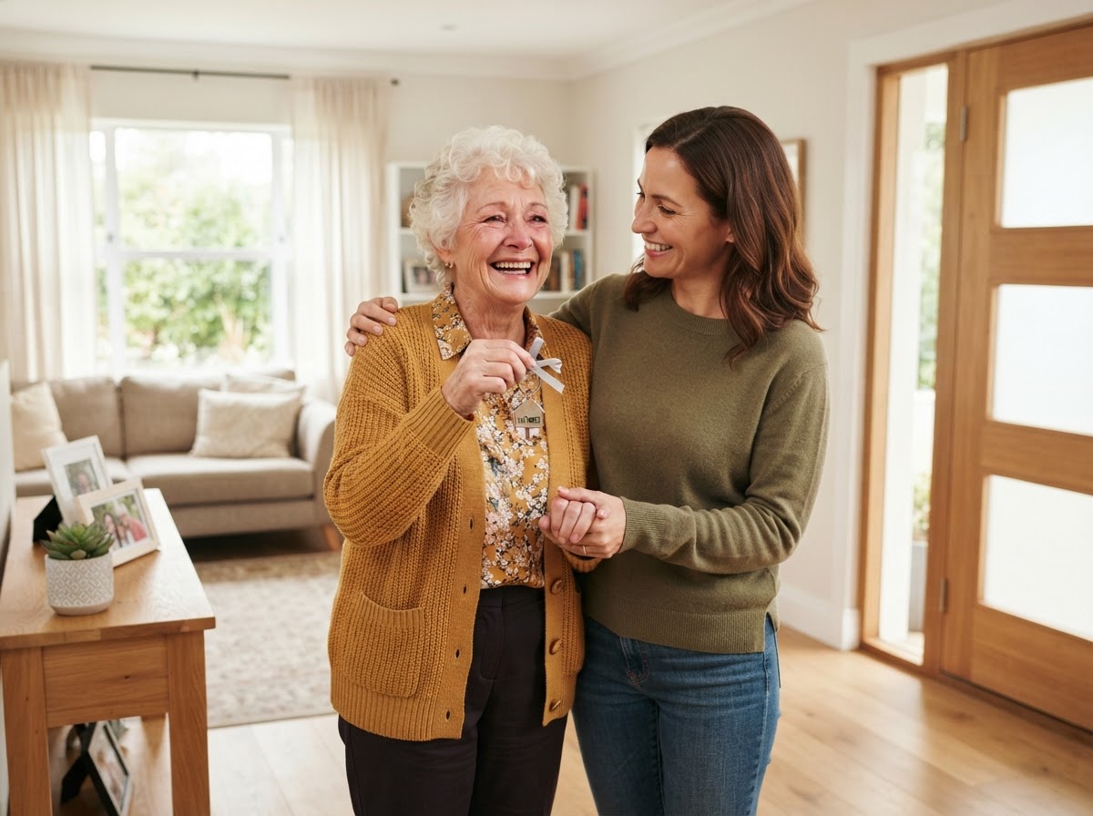 A happy senior woman receiving the keys to her new, right-sized home alongside her daughter.