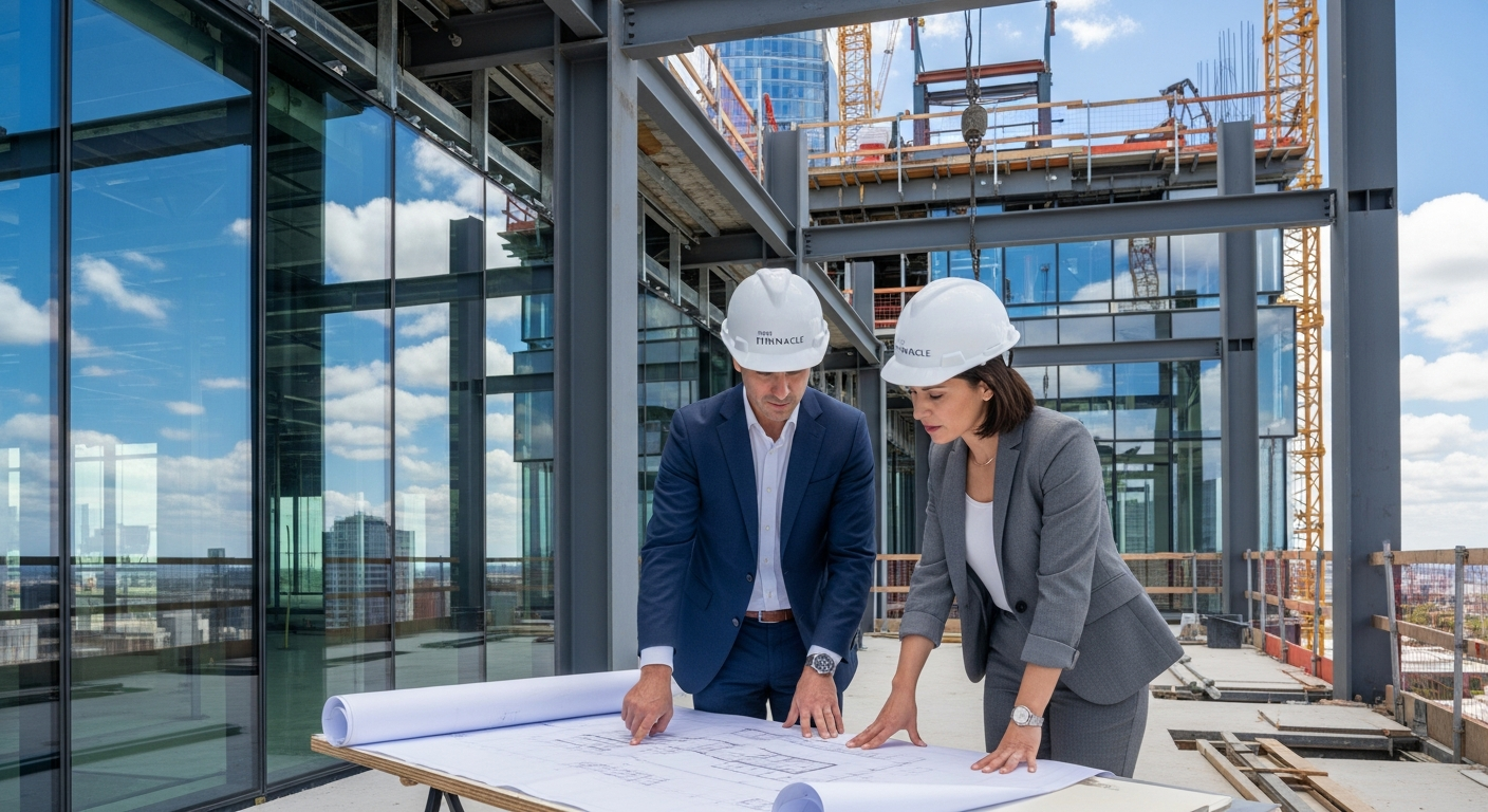 Commercial construction workers on large scale project