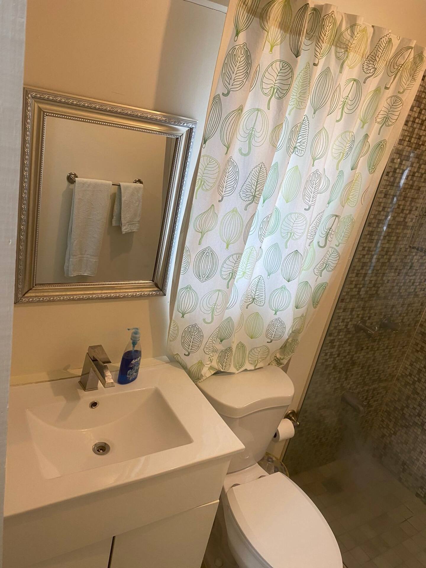 En-Suite Bathroom with Modern White Vanity, Silver Beveled Mirror & Walk-In Shower