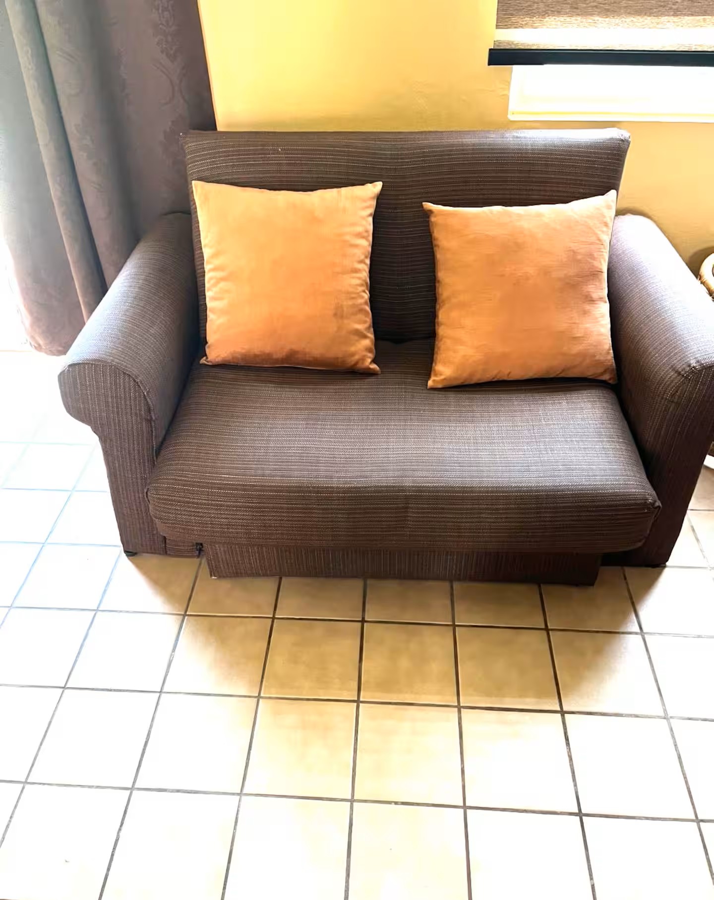 Cozy Loveseat Lounge with Velvet Accent Pillows & Tile Flooring