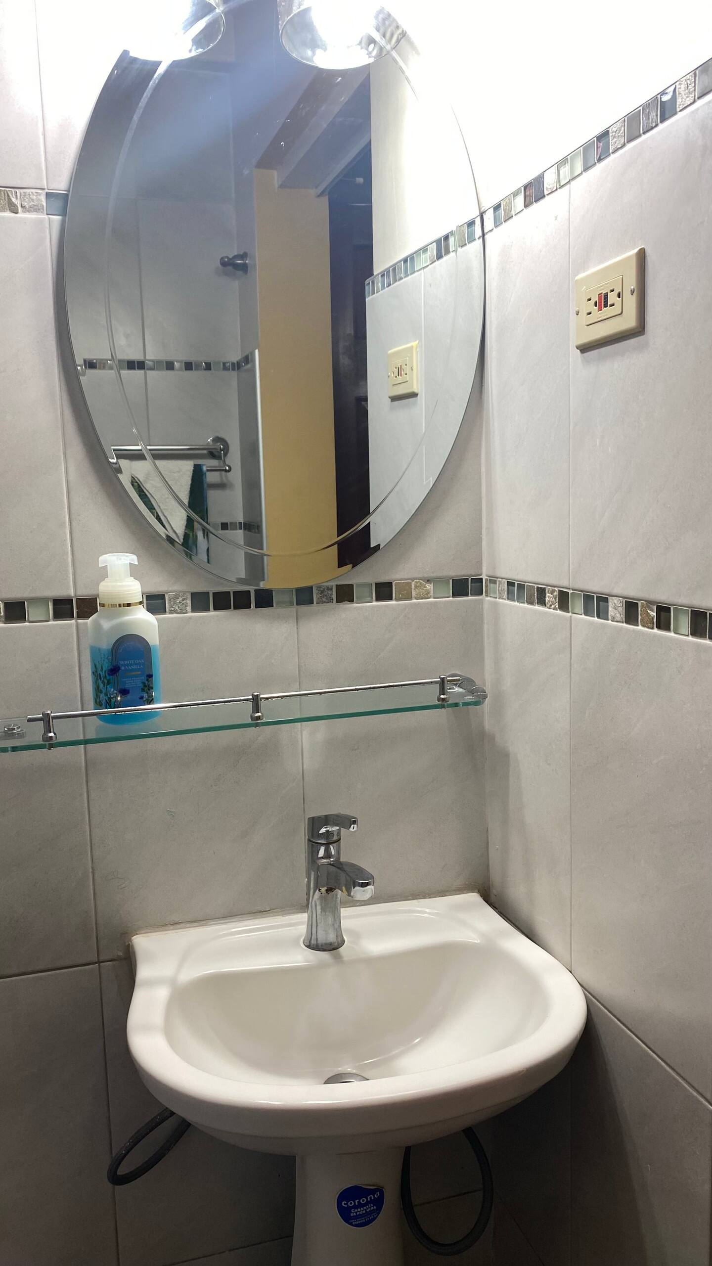 Modern Vanity Pedestal Sink with Beveled Mirror & Mosaic Tile Border