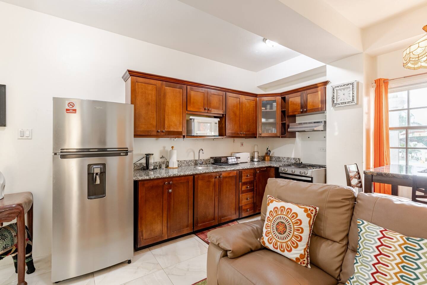 Chef's Kitchen Prep Area with Gas Cooktop, Full-Size Refrigerator & Microwave