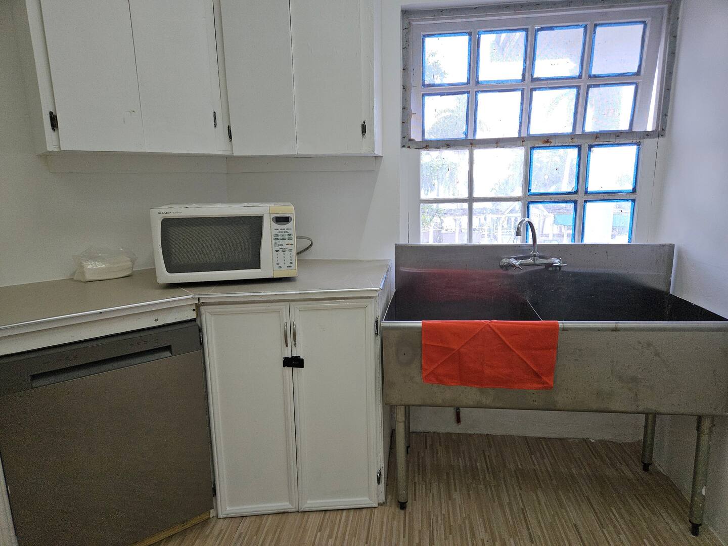 Kitchen Prep Area with Cabinets, Microwave & Garden Window
