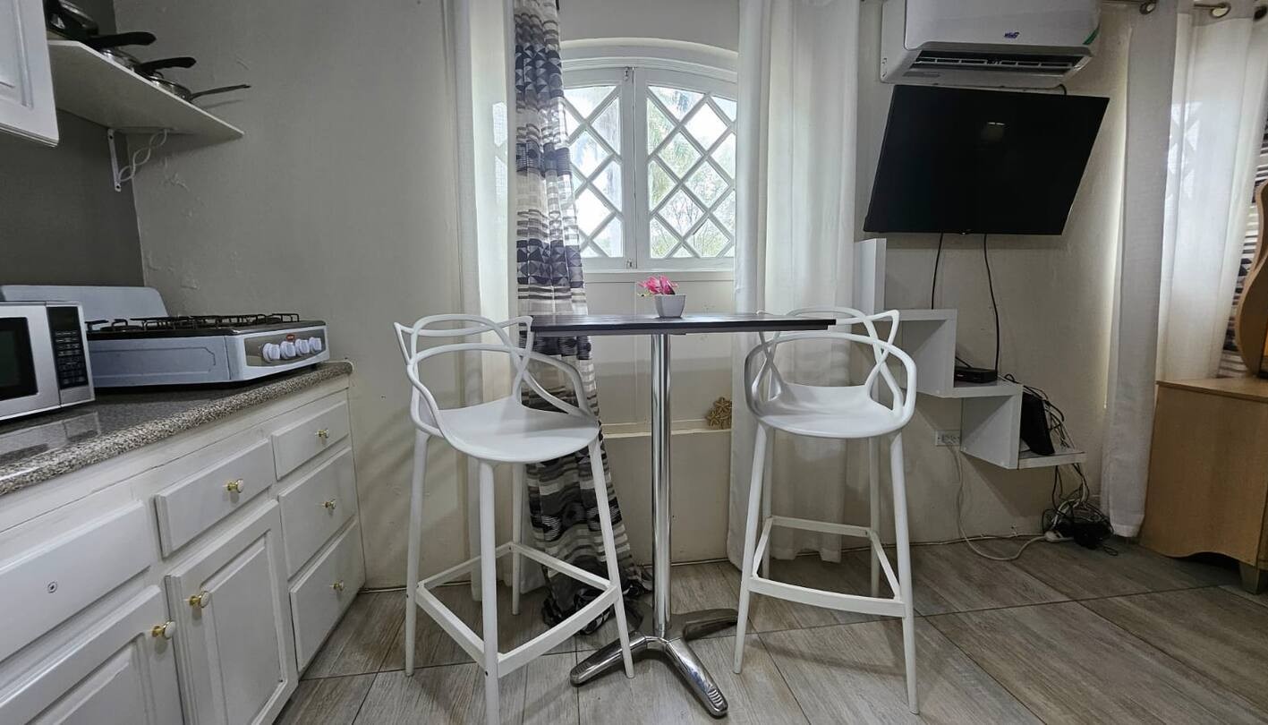 Kitchenette Corner with Gas Stove, Mounted Flat-Screen TV & AC
