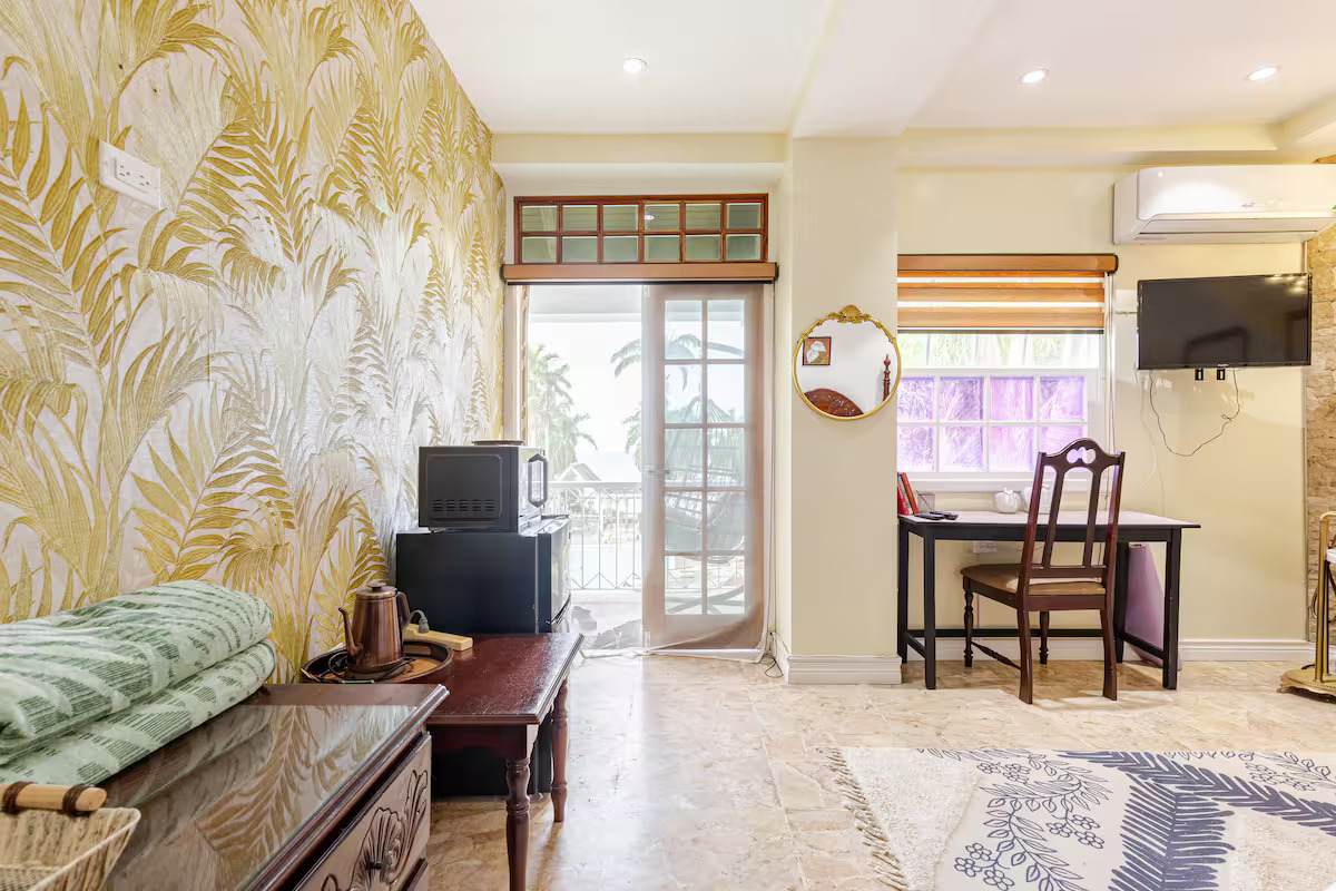 Tropical Palm Accent Wall, Dedicated Work Desk & Veranda Access
