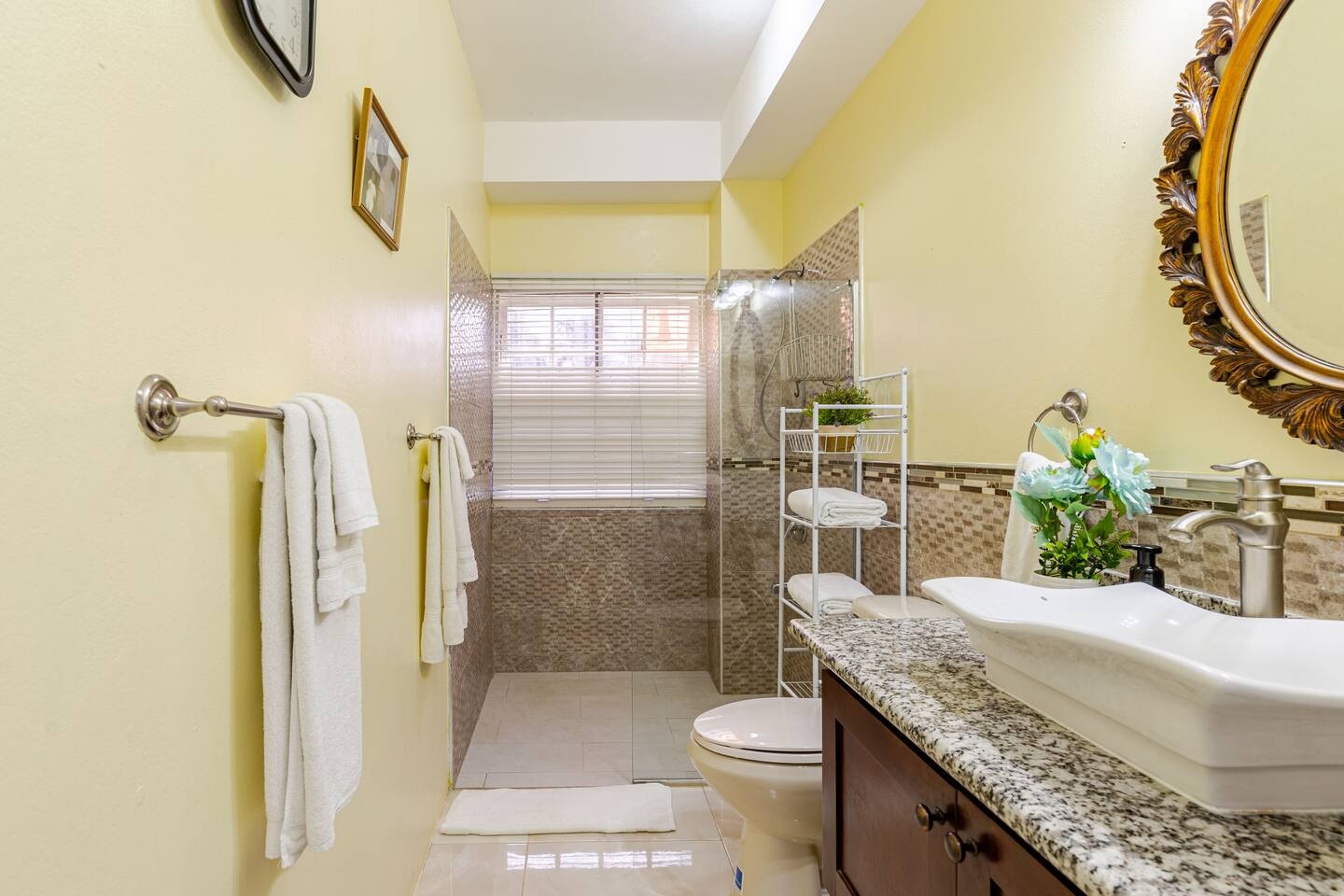 Ensuite Bathroom with Granite Vanity, Vessel Sink & Tiled Walk-In Shower