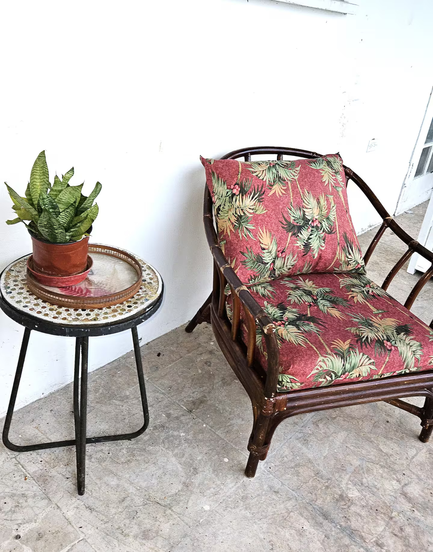 Private Veranda Rattan Armchair with Tropical Print & Mosaic Table