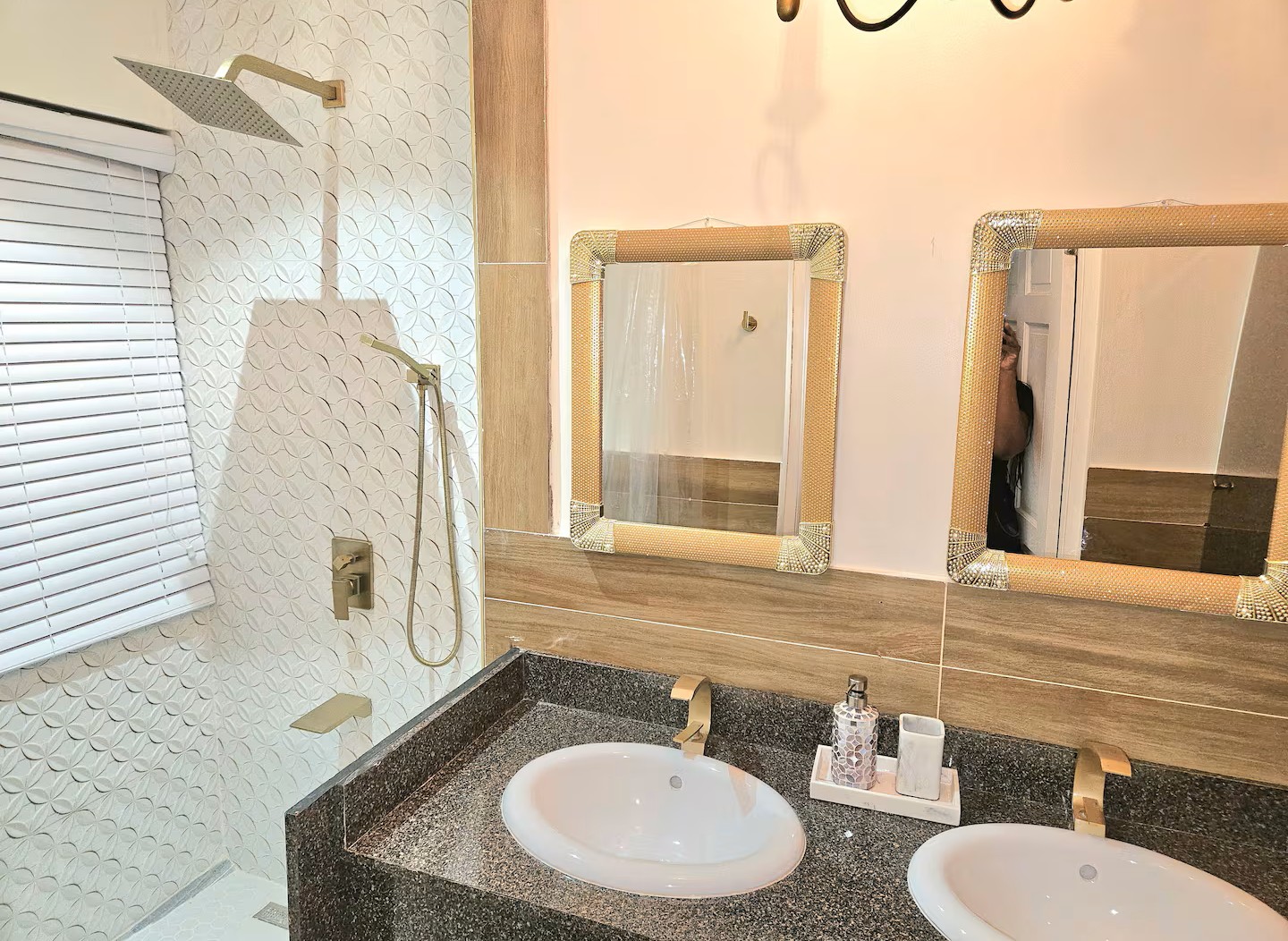 Luxury Double Vanity with Gold Framed Mirrors & Dual Sinks