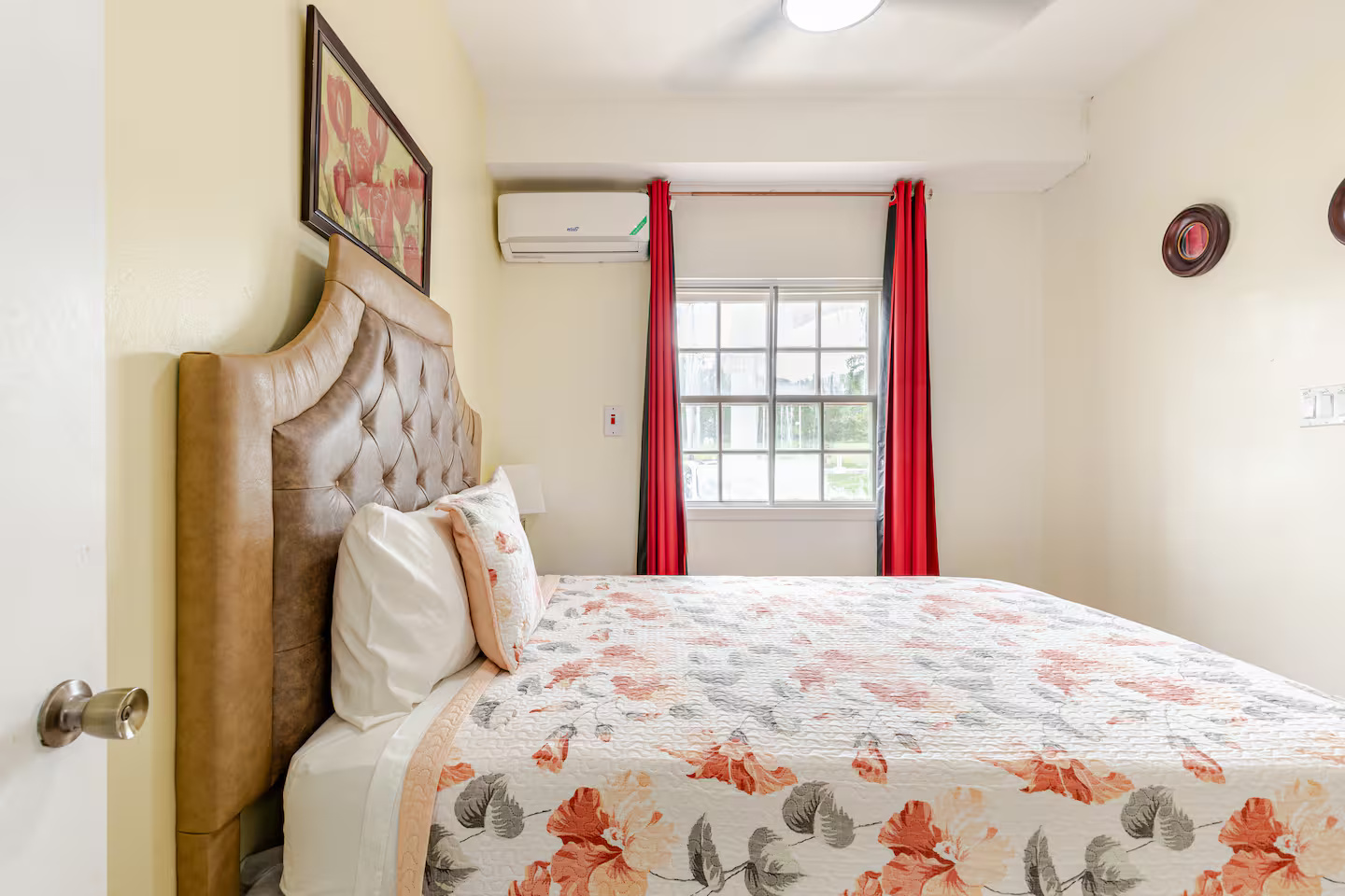 Comfortable Bedroom with Tufted Leather Headboard, Window Garden Light & Split A/C
