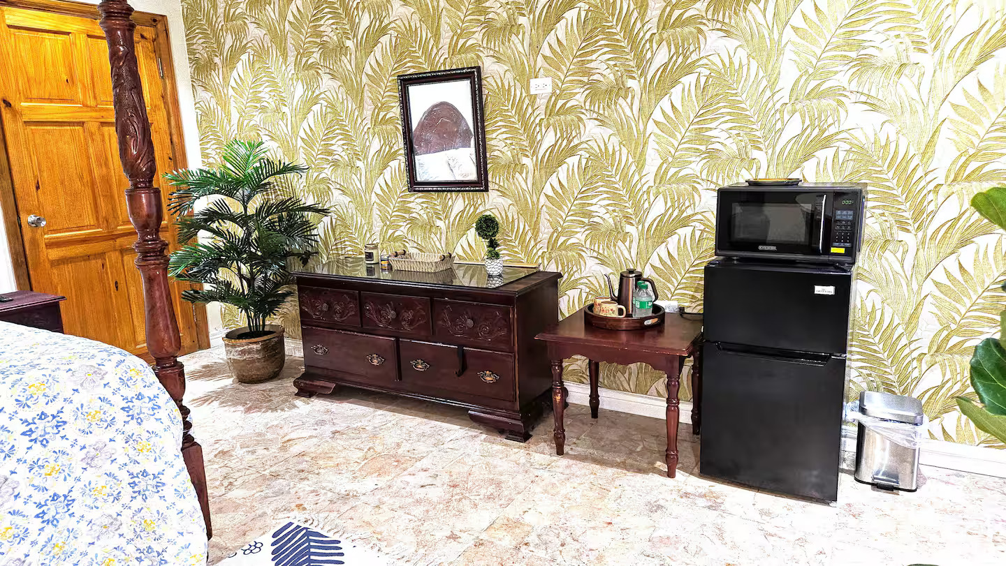 Kitchenette Nook with Microwave, Mini Fridge, Kettle & Carved Credenza