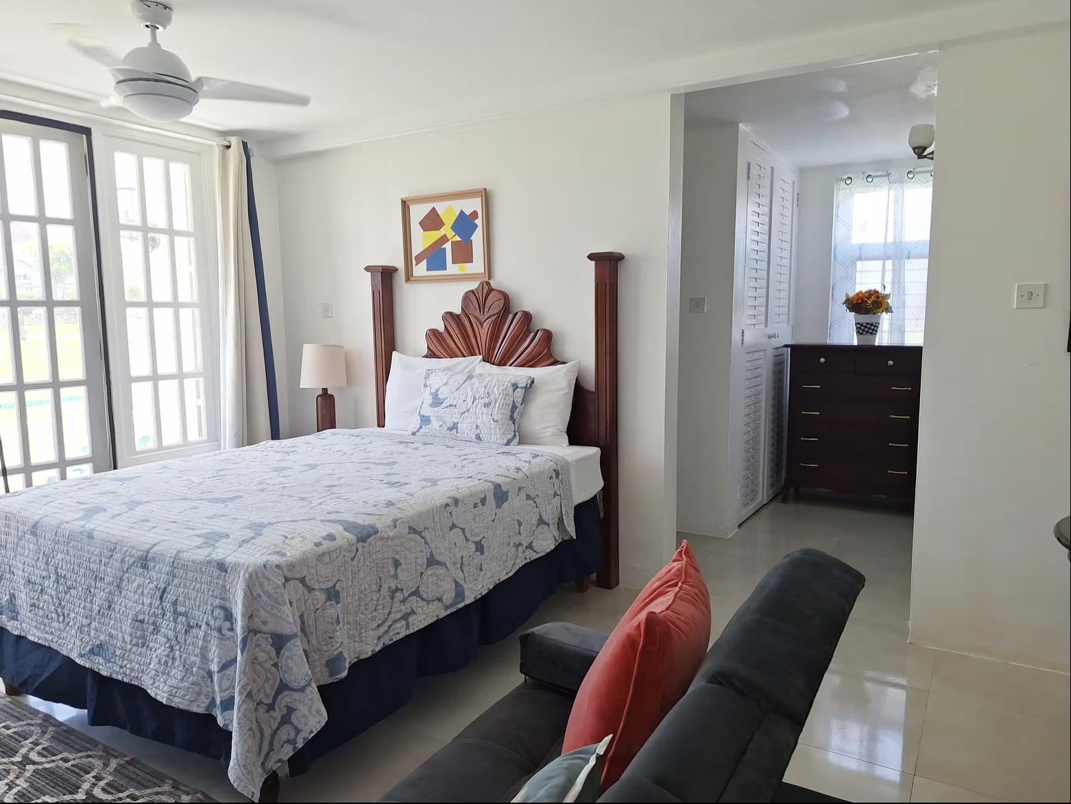 Master Bedroom with Handcrafted Headboard, Ceiling Fan & Dressing Vanity Alcove
