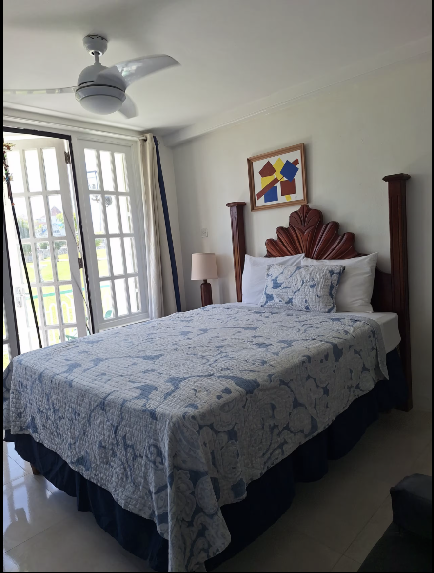 Handcrafted Jamaican Carved Mahogany Headboard, Bedside Lamp & Island Artwork