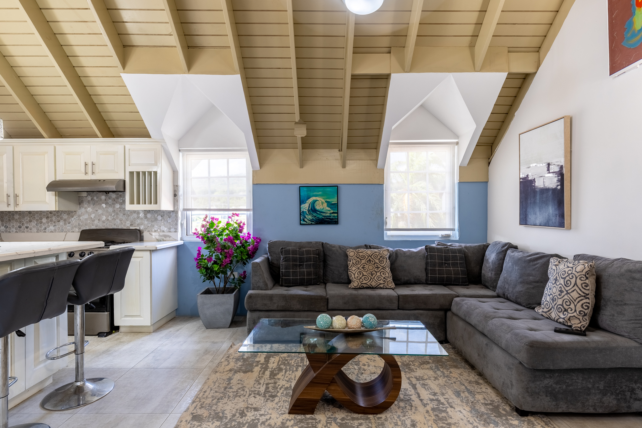 Lux Penthouse 207 - Vaulted Living Salon with Plush Sectional Sofa & Architectural Dormers
