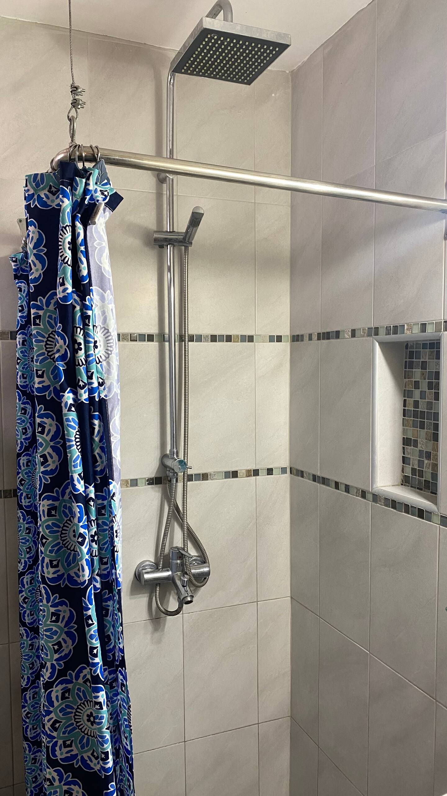 Modern Walk-In Shower with Rainfall Showerhead & Mosaic Tile Inset