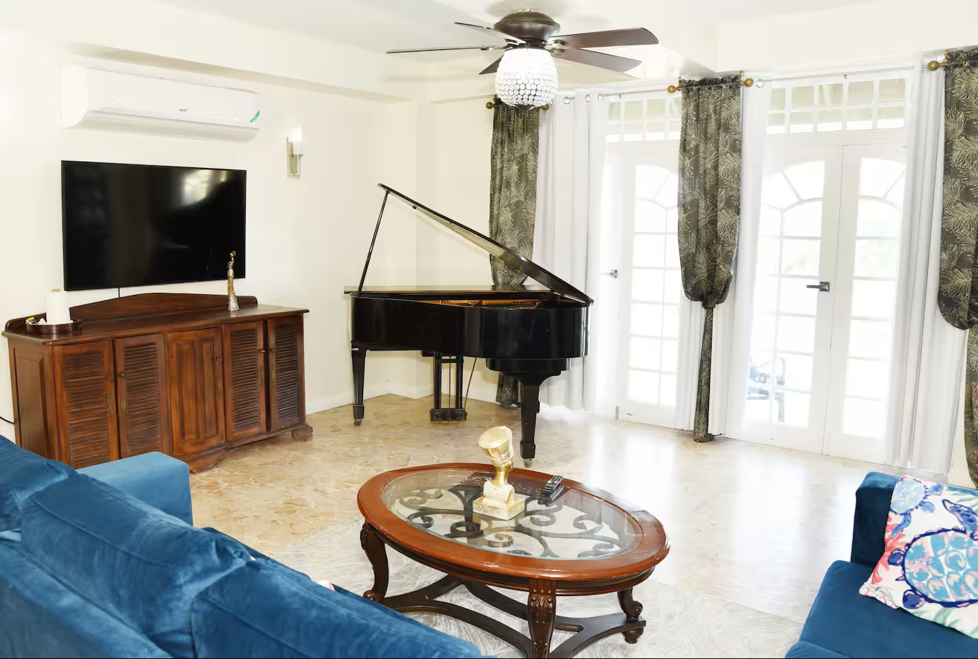 Full Living Room Salon with Blue Velvet Seating, Grand Piano & Smart TV