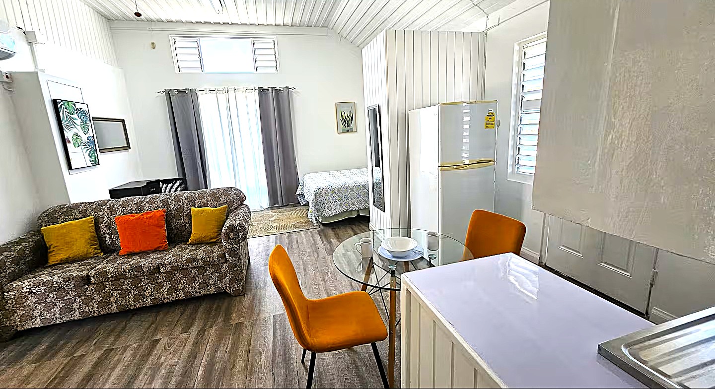 Spacious Studio View with Lounge Sofa, Refrigerator & Kitchen Counter