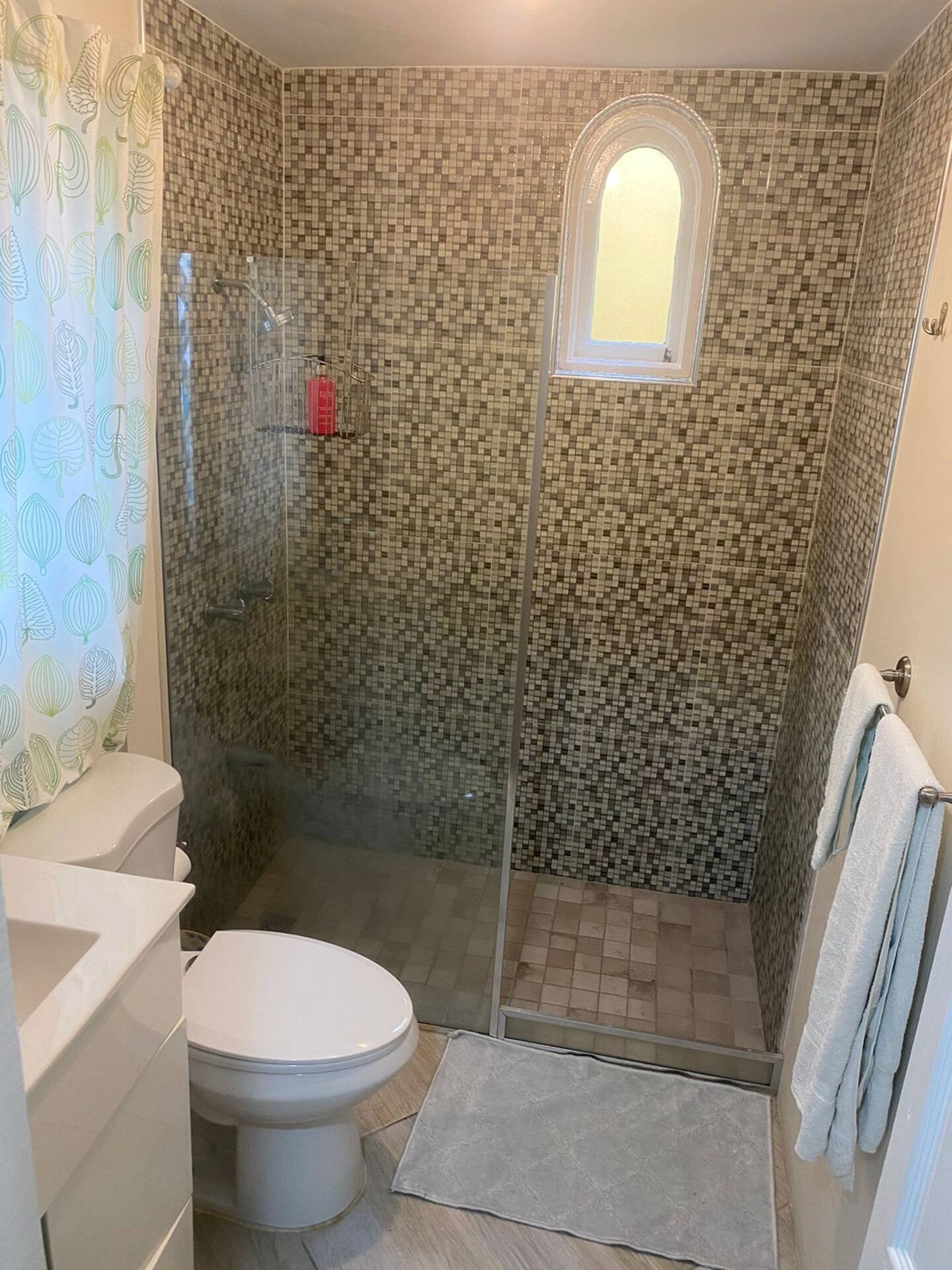 Modern Tiled Bathroom with Walk-In Glass Shower & Arched Accent Window