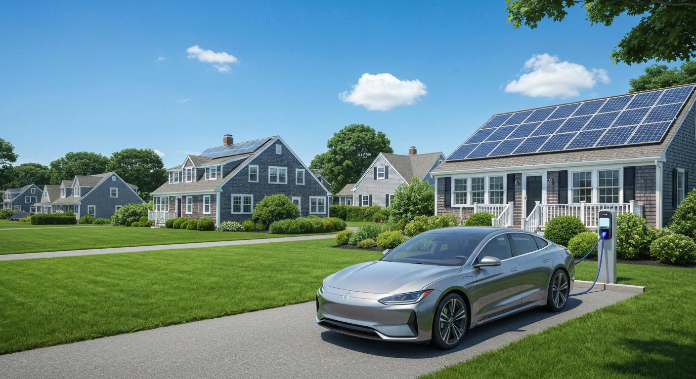 Electric vehicle charging at a solar-powered home on the Massachusetts South Shore