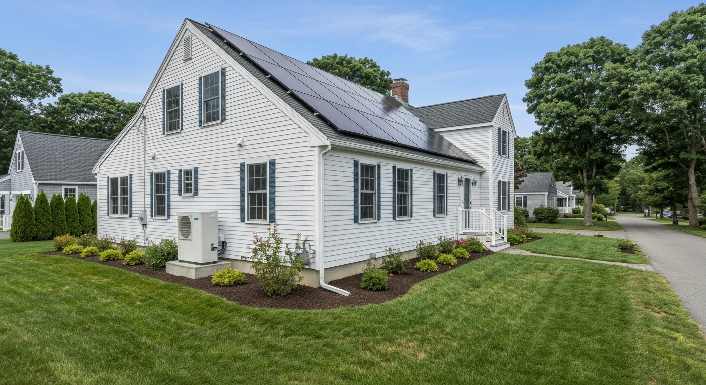 Solar panels and a heat pump on a Massachusetts South Shore home