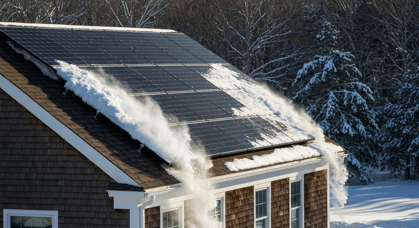 Snow sliding off solar panels on a South Shore Massachusetts home