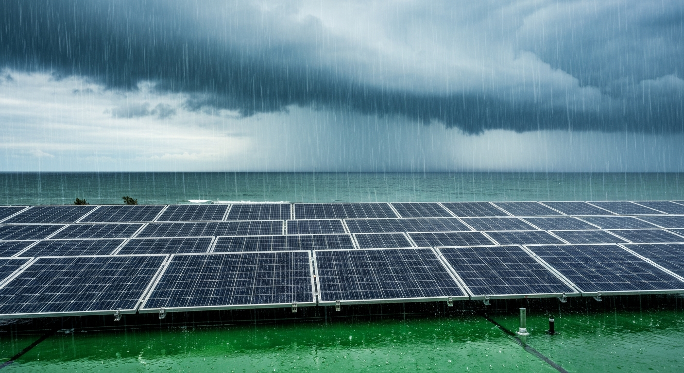 Solar panels on a coastal Scituate, Massachusetts roof during a storm