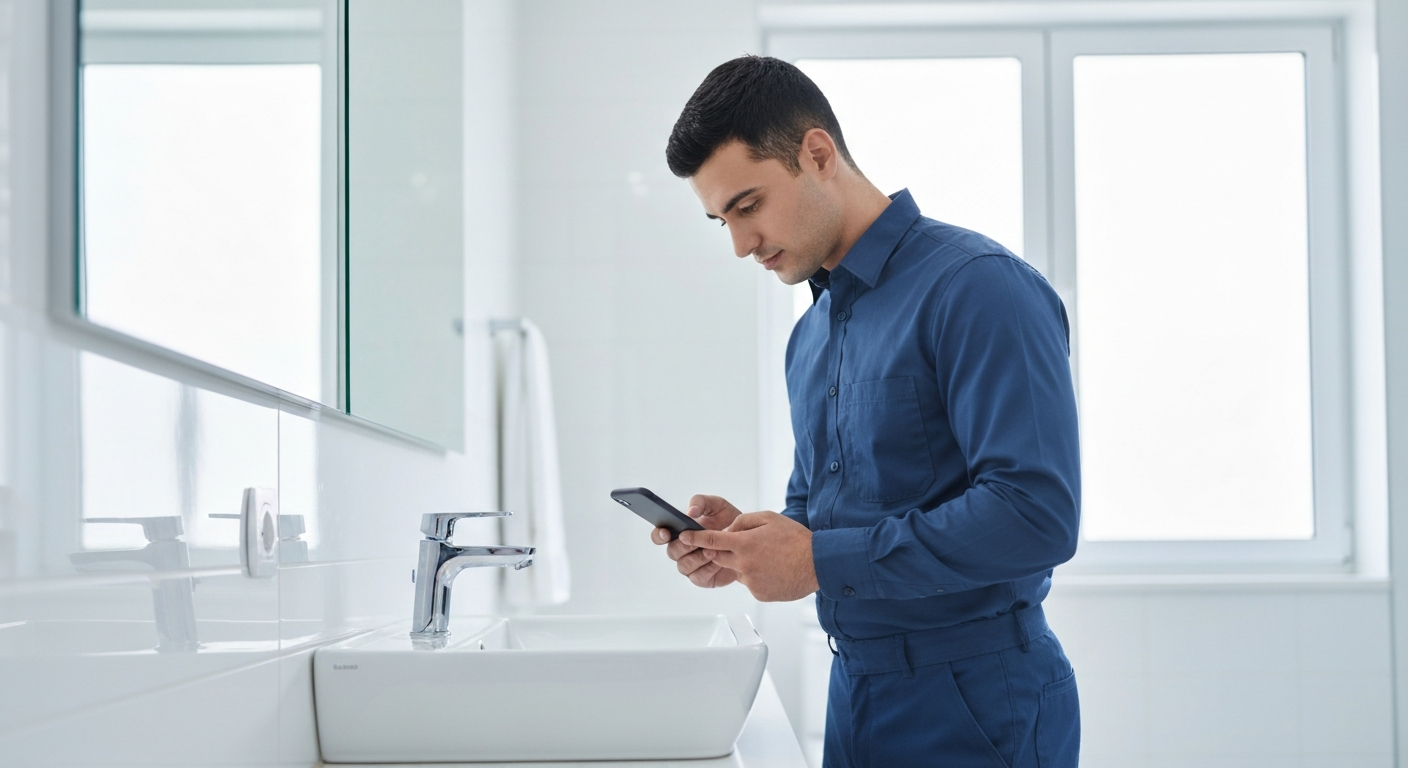 Plumber checking phone for new jobs