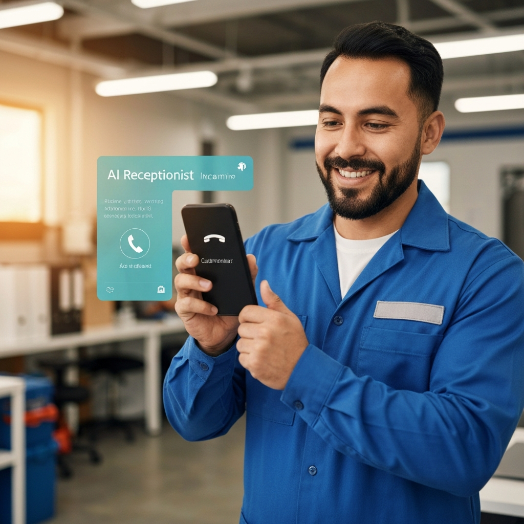 Hispanic HVAC service technician receiving an AI receptionist notification capturing a customer call on a mobile device