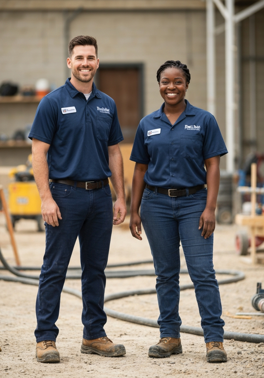 Two professional service technicians, one smiling white male and one smiling African American female, both wearing dark shirts with Reliable plumbing badges