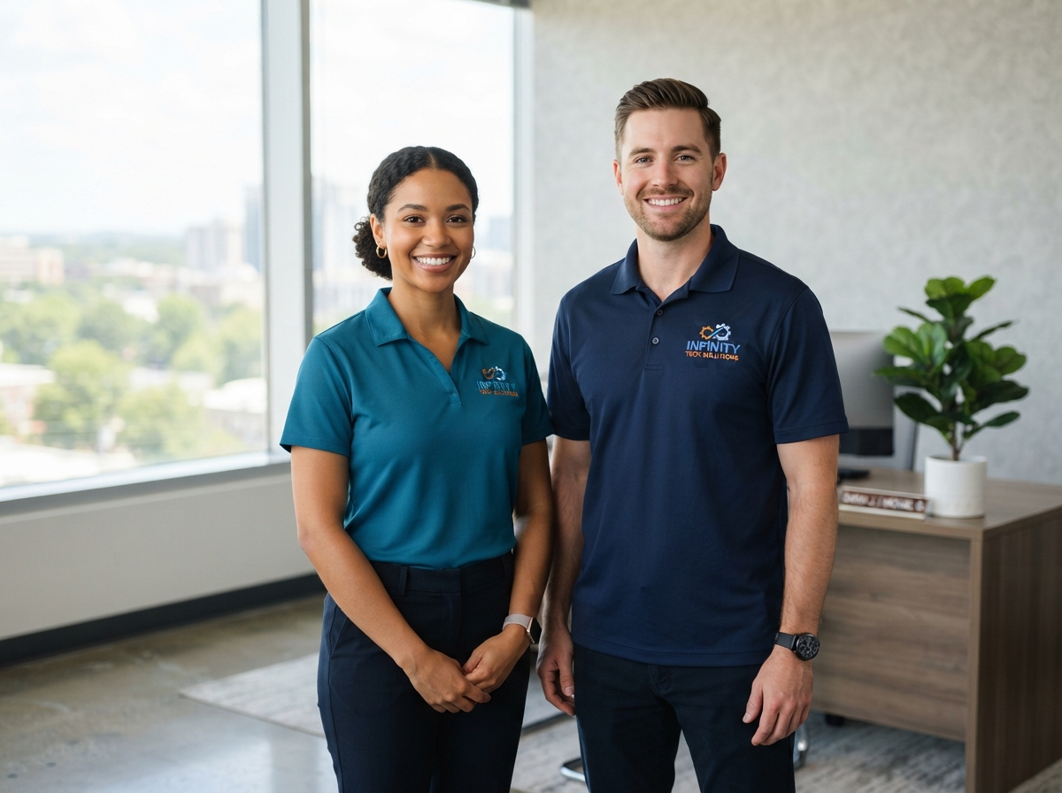 Two professional service technicians, an African American woman in a teal polo and a white man in a navy polo, smiling together in a bright modern office