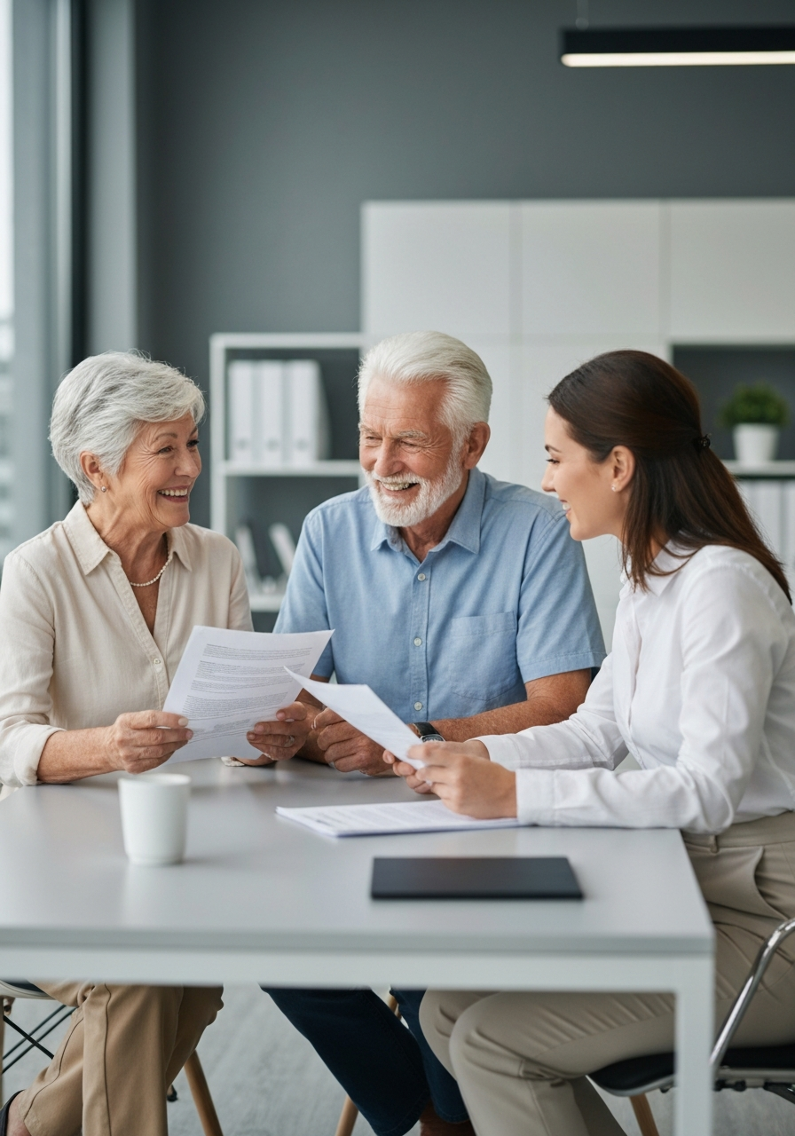 Friendly healthcare advisor explaining Medicare plans to seniors