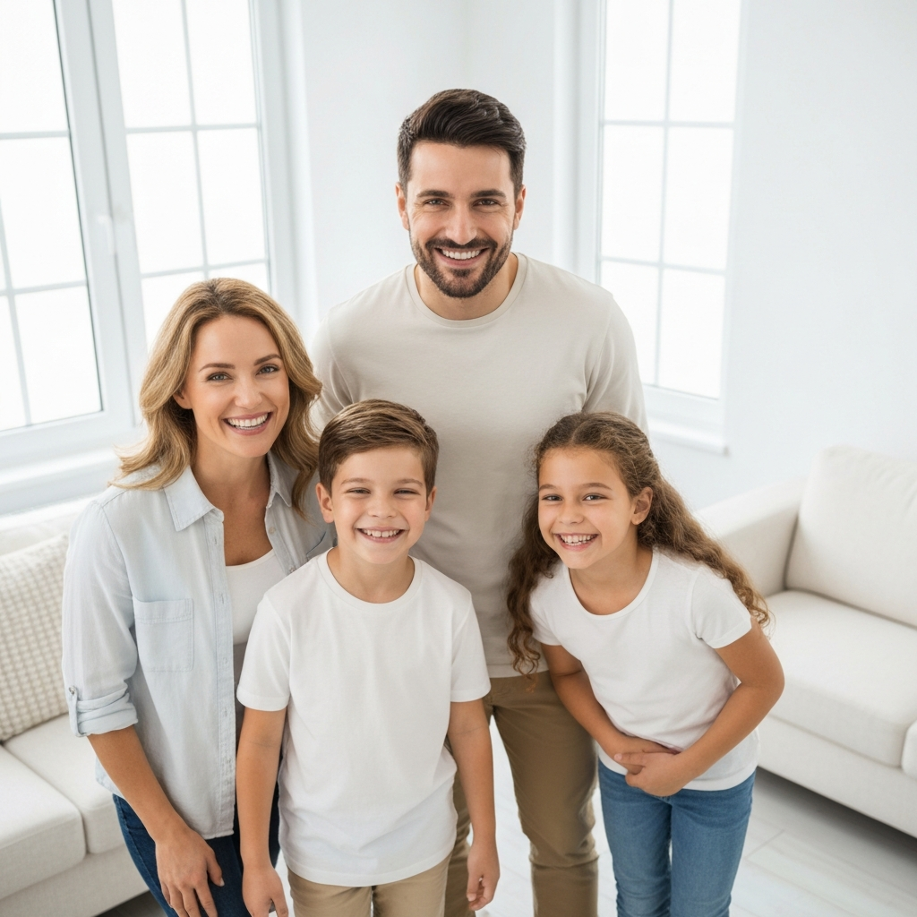 Happy family with husband, wife, and kids looking secure