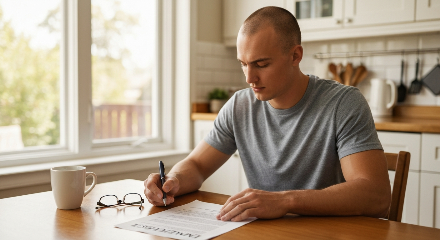 Homeowner seated alone at a kitchen table, reviewing an agreement with quiet concentration
