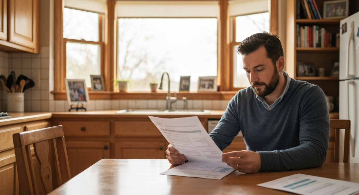 Homeowner reviewing a professional home valuation report at a kitchen table
