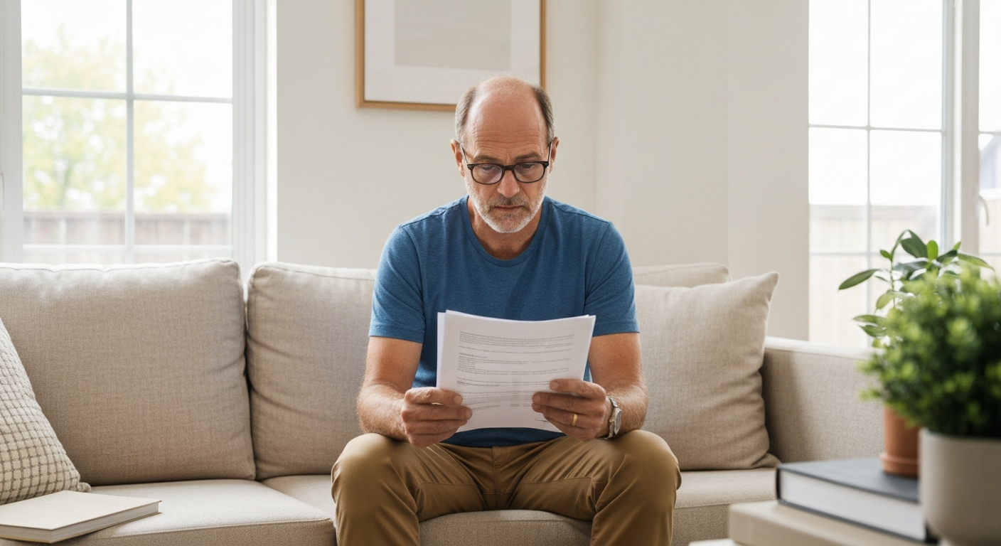 Homeowner sitting comfortably on a sofa, reviewing settlement documents and equity calculations