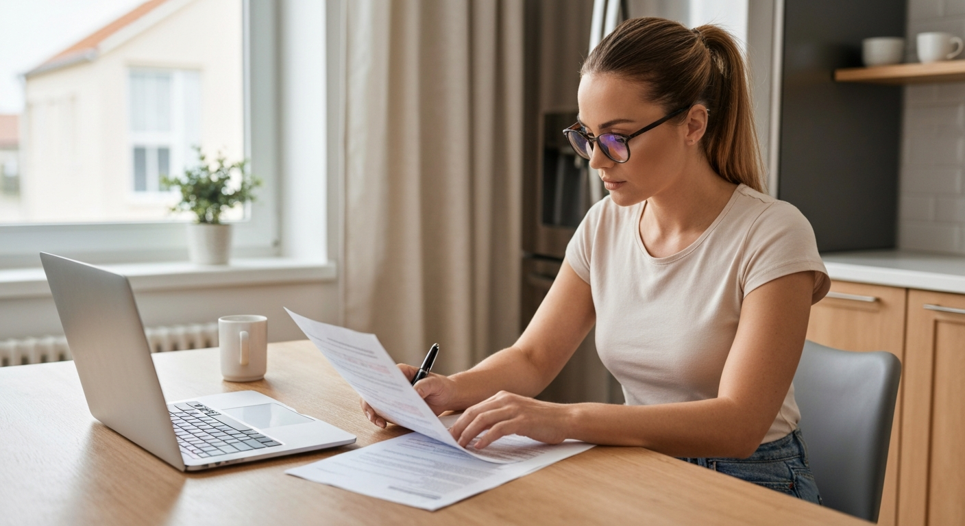 Homeowner sitting at a kitchen table, looking thoughtfully at a laptop and mortgage documents