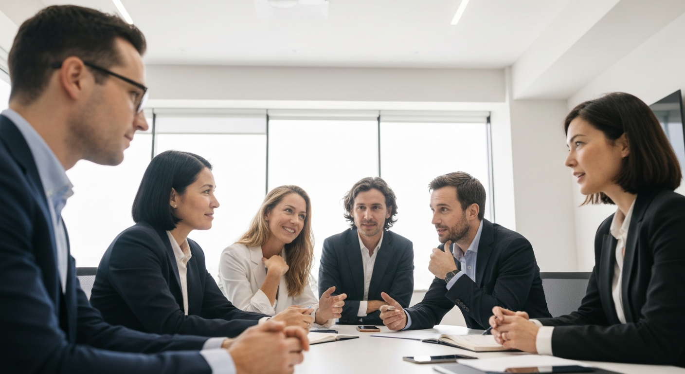 Collaborative strategy meeting, multiple professionals, coordinated team approach.
