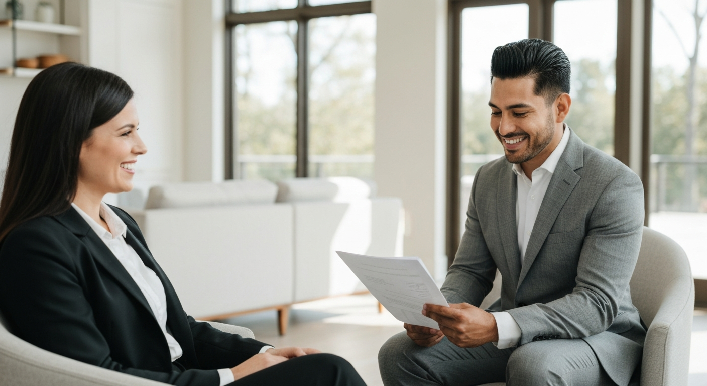 Mortgage advisor reviewing financing options, affordability, loan documents.