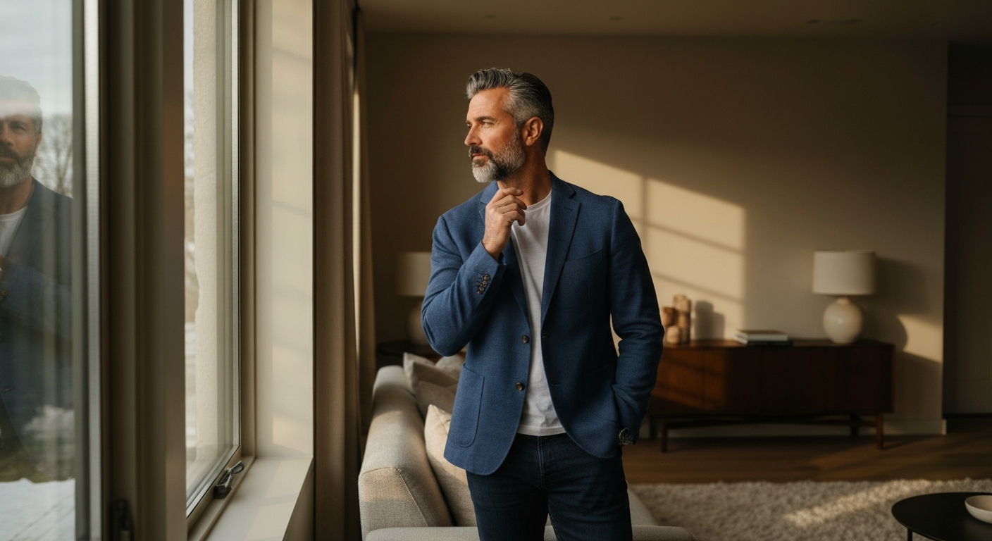 Homeowner standing near large windows considering options