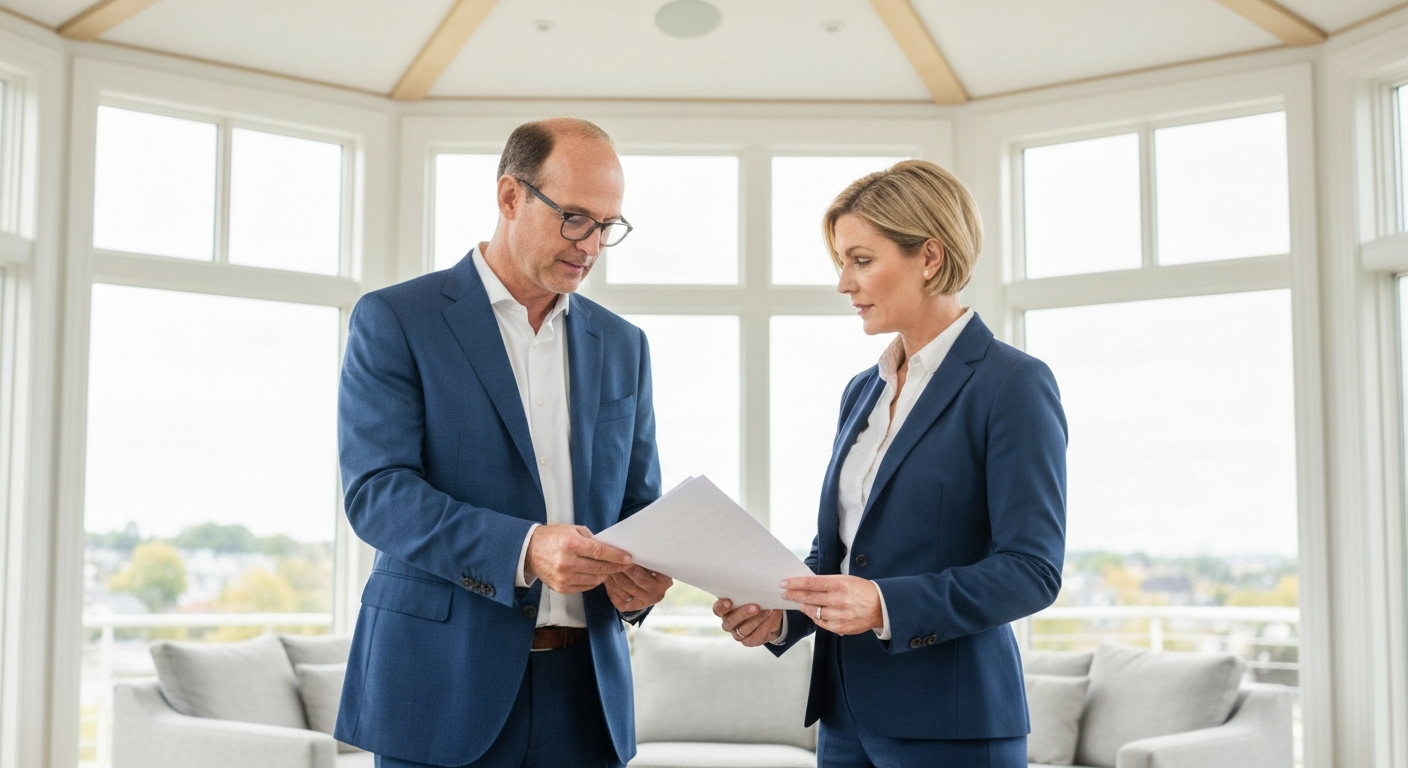 Homeowner having a serious, strategic discussion with an advisor in a bright office
