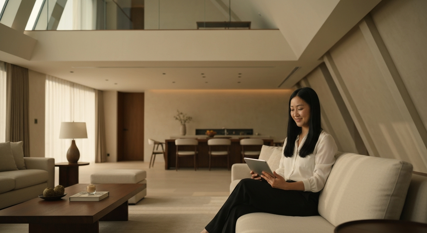 Bright editorial home interior with natural light, person reviewing options calmly